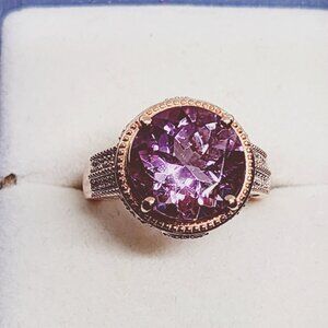 Premium Rose de France Amethyst & White Zircon ring in 14k RGover 925 sz7 6.25ct